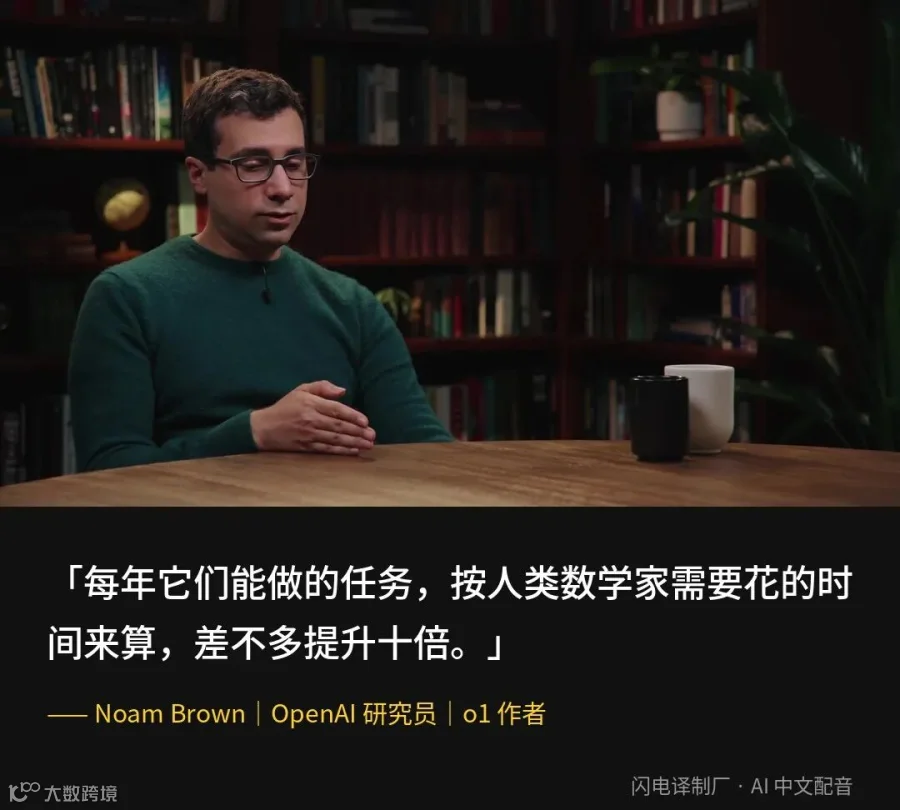 Noam Brown 在节目中用「人类数学家需要多久」这条标尺，串起 GSM8K、MATH、AMC 到 IMO 的能力时间线。