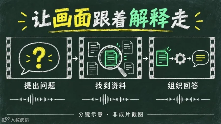 RAG 视频分镜构想：提出问题、找到资料、组织回答；AI 生成分镜示意，非成片截图