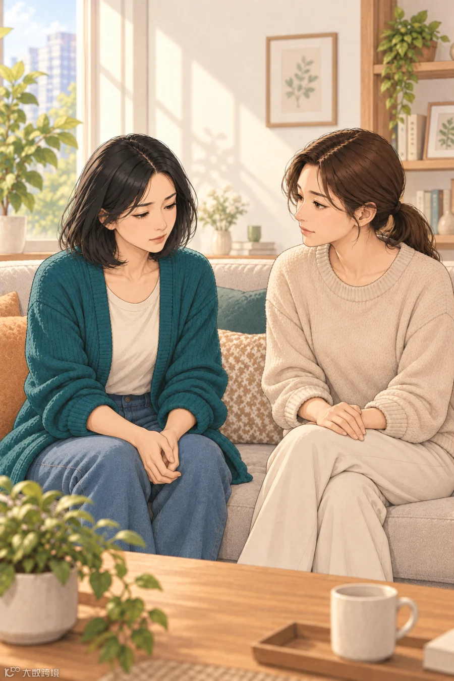两人在安全的室内环境中相伴，不呈现危险行为