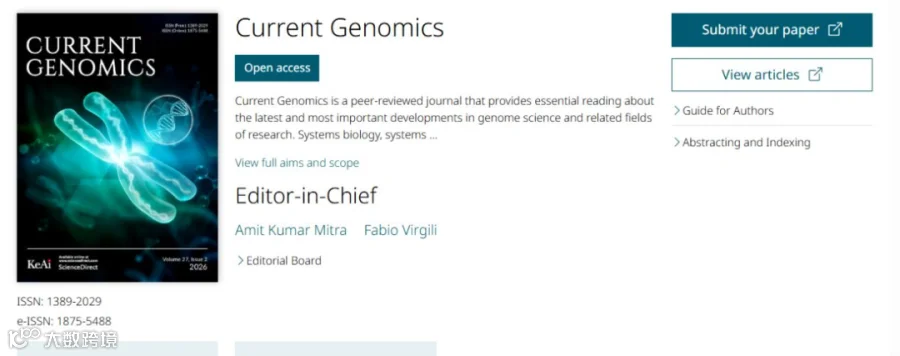 Current Genomics横版期刊首图