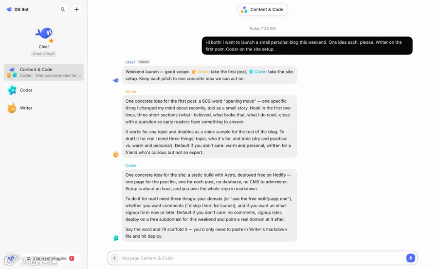 Group chat: the admin, Chief, hands the work to Writer and Coder