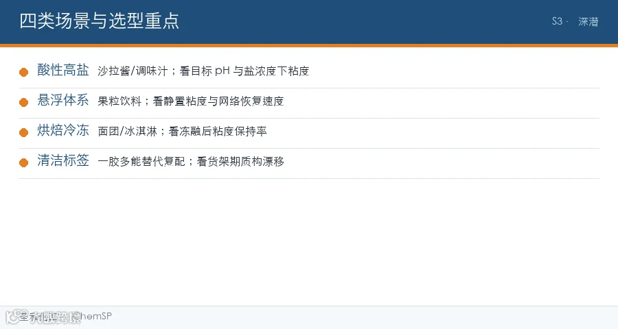 图：四类应用场景与选型重点速查（圣和化工整理）