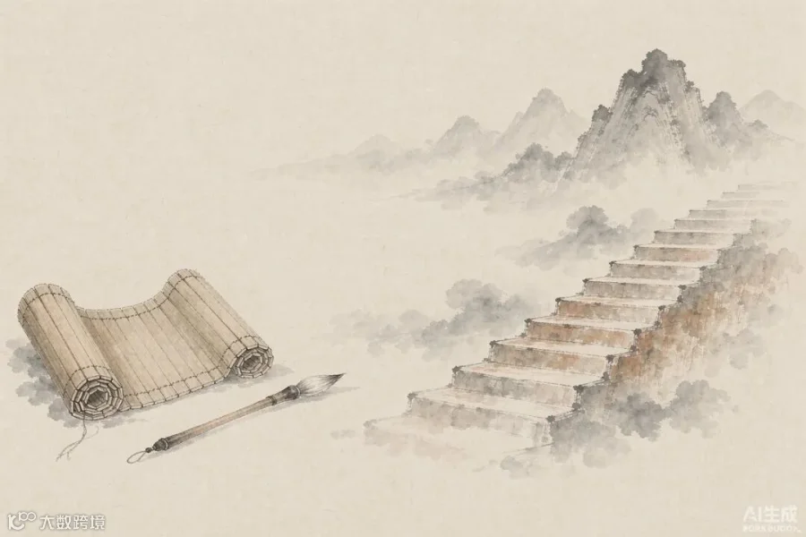 九层之台，起于累土：竹简毛笔与层叠土台的国风水墨插画