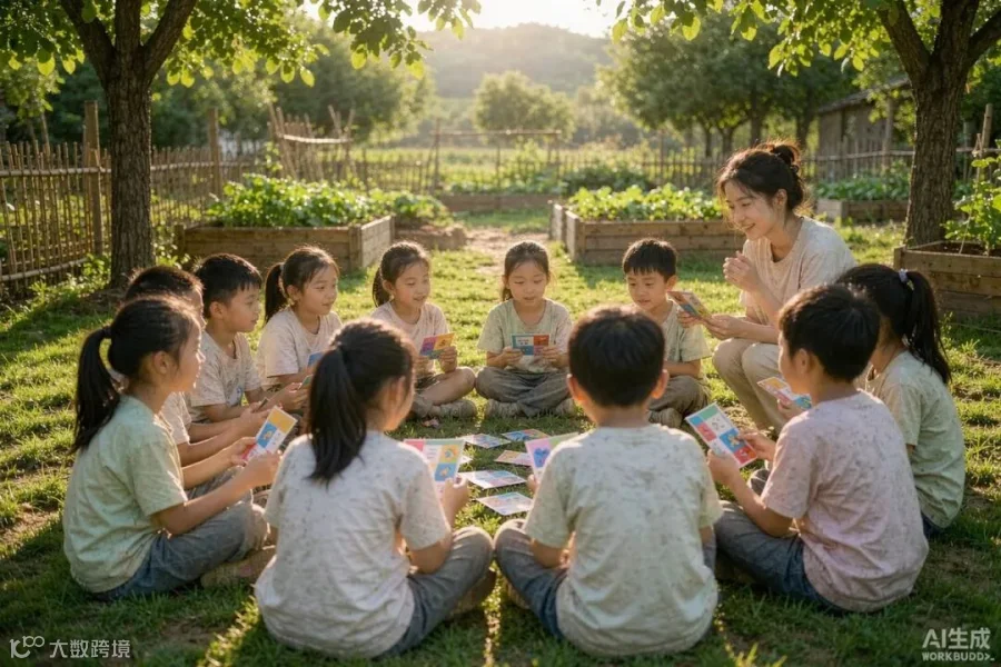 孩子们在农场草地上做记忆训练游戏