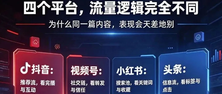 抖音、视频号、小红书、头条 四个平台的流量机制
