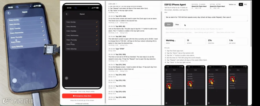 An iPhone with a XIAO ESP32S3 plugged in, setting an alarm