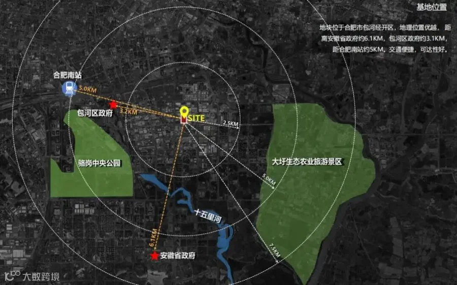 项目区位图，距省政府/区政府/南站距离标注