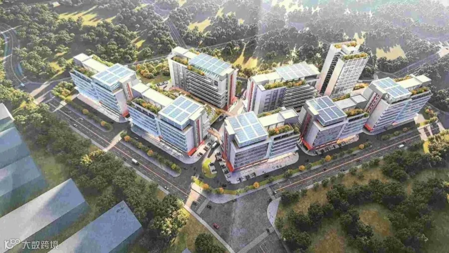 园区整体鸟瞰效果图，多栋高标准厂房集群