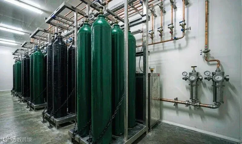 气瓶间:CO₂/N₂分区固定·铜管输送·二级减压