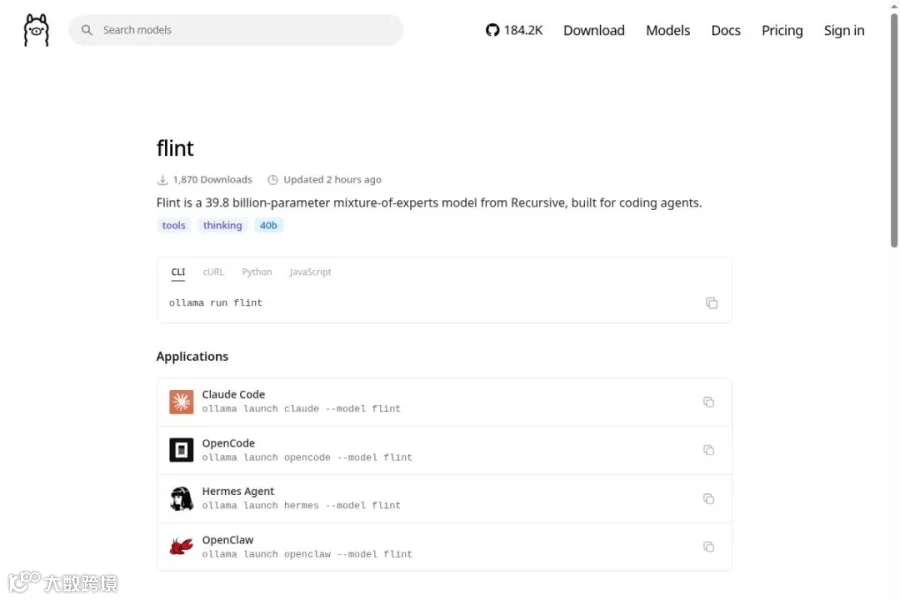 Ollama 模型页截图：flint:latest 约 23GB、256K 上下文（10 月 22 日截取）