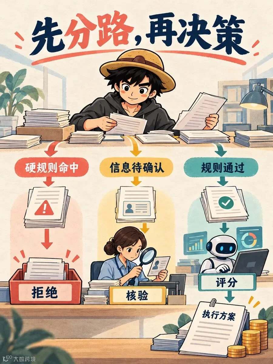 申请分为拒绝、核验和进入评分三条路线，待核验申请不直接进入放款