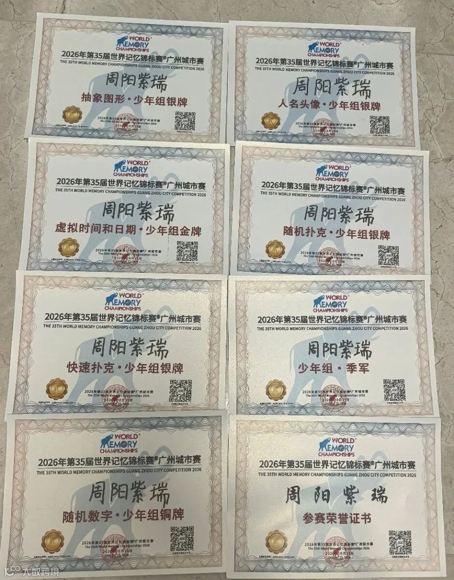 周阳紫瑞在本次城市赛获得的多项证书