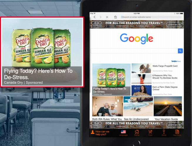 机场平板：在机场平板的搜索栏下，能够直接呈现出广告，