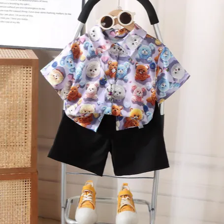 3D印花男童短袖短裤衬衫套装儿童夏季休闲翻领宝宝新款韩版衬衣