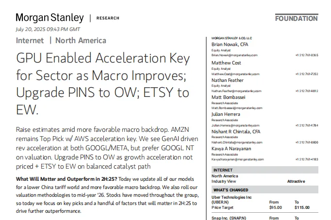 摩根士丹利：北美互联网行业研究宏观改善与GPU加速共振上调PINS至增持