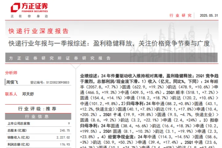 快递行业深度报告：快递行业年报与一季报综述盈利稳健释放关注价格竞争节奏与广度-250531（20页）