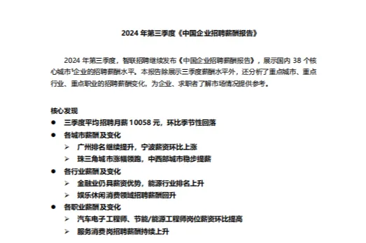 智联招聘：2024年三季度中国企业招聘薪酬报告