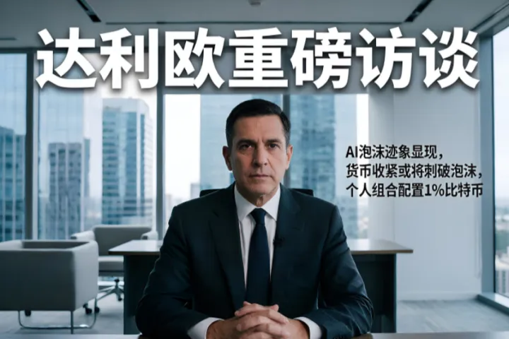 达利欧重磅访谈： AI泡沫迹象显现，货币收紧或将刺破泡沫，个人组合配置1%比特币