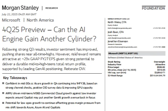 摩根士丹利：微软（MSFT.US）-美股公司研究：4Q25预览-AI引擎能否再添动力？GenAI领军地位巩固长期回报