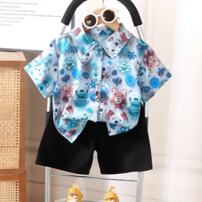 3D印花男童短袖短裤衬衫套装儿童夏季休闲翻领宝宝新款韩版衬衣