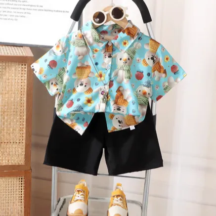 3D印花男童短袖短裤衬衫套装儿童夏季休闲翻领宝宝新款韩版衬衣
