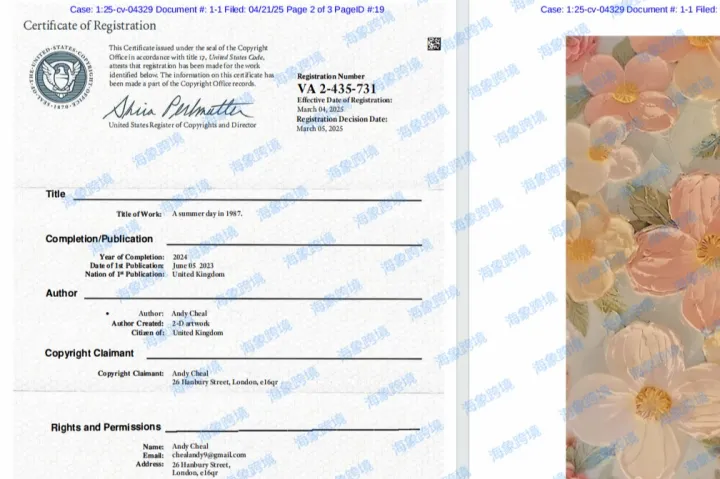 原告 Andy Cheal 是一名自由艺术家，他创作的写实作品灵感来源于英国乡村的野花，他通过改变颜料的粘度来分层绘制，从而创造出具有纹理的