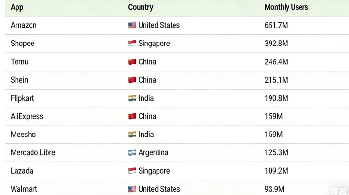 2025全球电商APP月活榜出炉！TEMU冲进前三