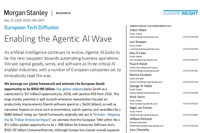 摩根士丹利：欧洲科技扩散研究赋能自主AI浪潮1600亿欧元市场机遇