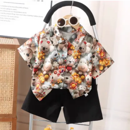 3D印花男童短袖短裤衬衫套装儿童夏季休闲翻领宝宝新款韩版衬衣