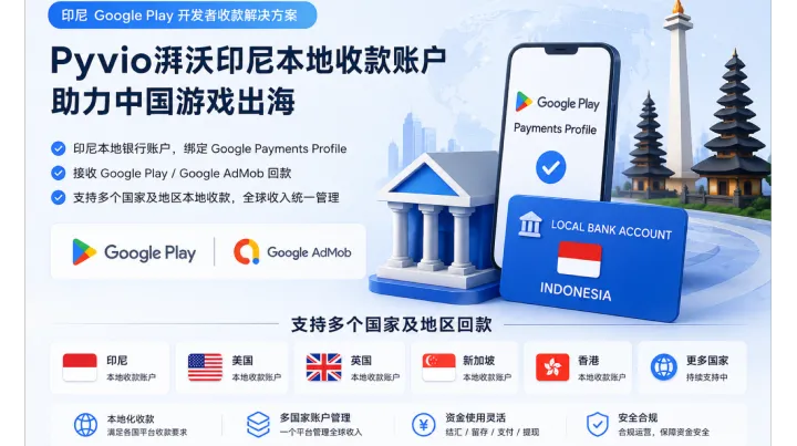 Google Play 印尼开发者账户收款解决方案 |Pyvio湃沃印尼本地收款账户助力中国游戏出海
