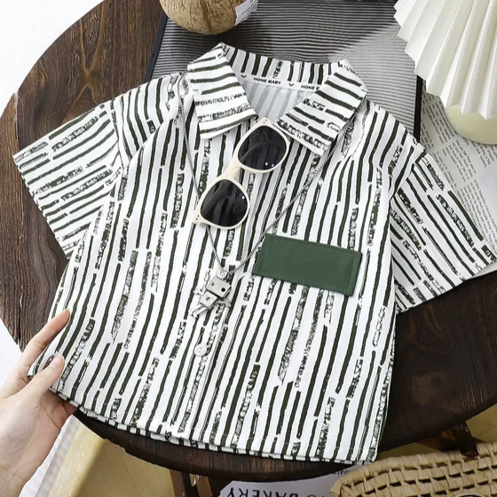 男童夏季短袖新款小童洋气时尚帅帅哒竖条字母标短袖三件套潮