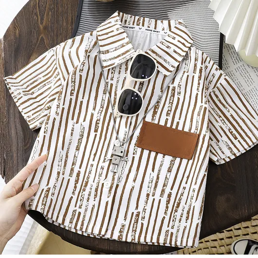 男童夏季短袖新款小童洋气时尚帅帅哒竖条字母标短袖三件套潮