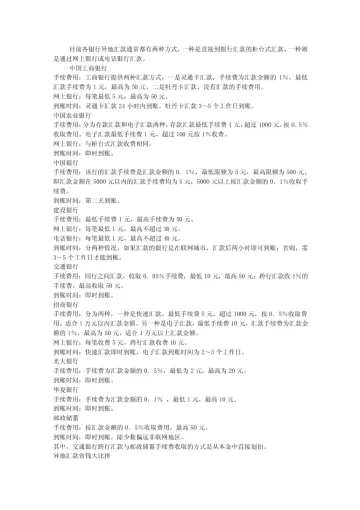 最全银行汇款手续费