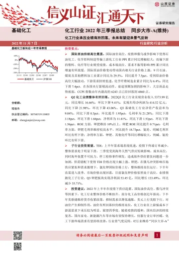 化工行业2022年三季报总结:化工行业承压业绩有所回落,未来有望迎来景气反转-20221107-山西证券-16页