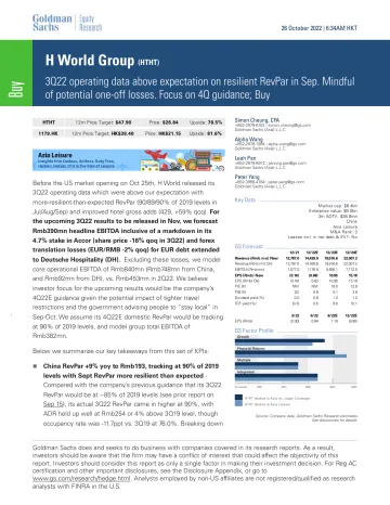 H World Group (HTHT)_ 3Q22 operating data above expectation on resilient RevPar in Sep. Mindful of potential one-off losses. ...(1)