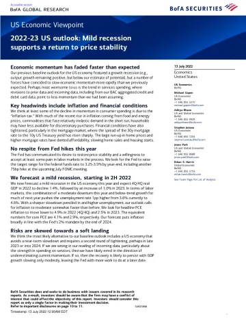 US Economic Viewpoint - 2022-23 US outlook - Mild recession supports a return to price stability