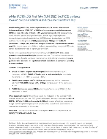adidas (ADSGn.DE)_ First Take_ Solid 2Q22, but FY22E guidance lowered on China weakness and consumer slowdown. Buy(1)