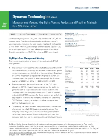 Dynavax Technologies (DVAX)_ Management Meeting Highlights Vaccine Products and Pipeline; Maintain Buy; $24 Price Target