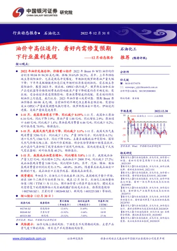 石油化工行业12月动态报告:油价中高位运行,看好内需修复预期下行业盈利表现-20221231-银河证券-23页
