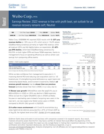 Weibo Corp. (WB)_ Earnings Review_ 2Q22 revenue in line with profit beat, yet outlook for ad revenue recovery remains soft; N...(1)