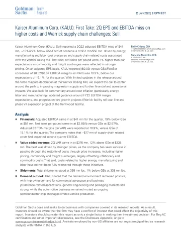 Kaiser Aluminum Corp. (KALU)_ First Take_ 2Q EPS and EBITDA miss on higher costs and Warrick supply chain challenges; Sell(1)