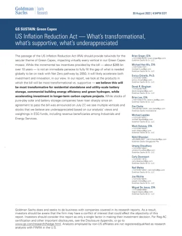 GS SUSTAIN_ Green Capex_ US Inflation Reduction Act -- What's transformational, what's supportive, what's underappreciated (1)