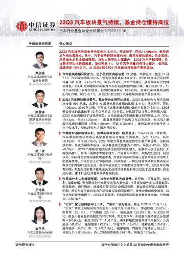 汽车行业基金持仓分析报告:22Q3汽车板块景气持续,基金持仓维持高位-20221116-中信证券-21页