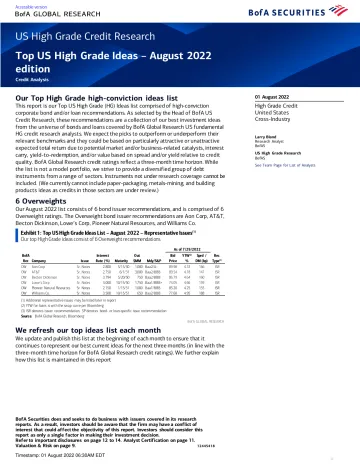 US High Grade Credit Research Top US High Grade Ideas