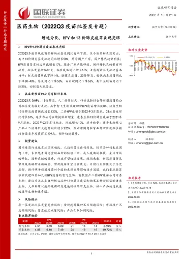 医药生物行业(2022Q3疫苗批签发专题):增速分化,HPV和13价肺炎疫苗表现亮眼-20221021-国联证券-33页