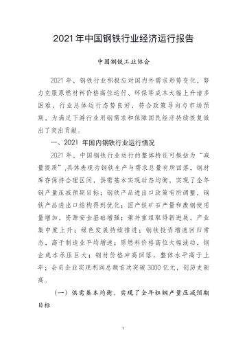 2021年中国钢铁行业经济运行报告-19页