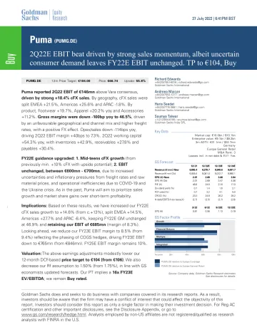 Puma (PUMG.DE)_ 2Q22E EBIT beat driven by strong sales momentum, albeit uncertain consumer demand leaves FY22E EBIT unchanged...(1)