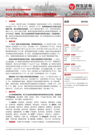 军工行业2022年三季报业绩回顾:3Q22行业增长稳健;锻造板块业绩持续靓眼-20221107-民生证券-17页