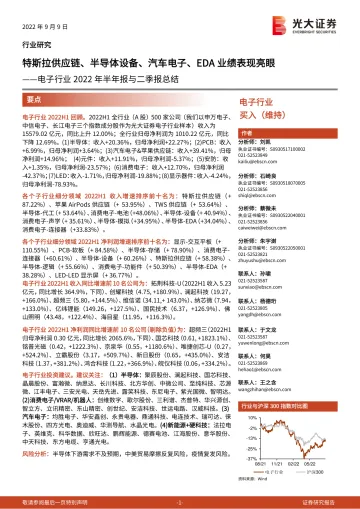 电子行业2022年半年报与二季报总结:特斯拉供应链、半导体设备、汽车电子、EDA业绩表现亮眼-20220909-光大证券-40页