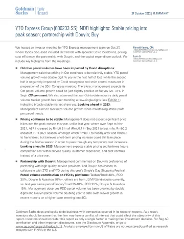 YTO Express Group (600233.SS)_ NDR highlights_ Stable pricing into peak season; partnership with Douyin; Buy(1)